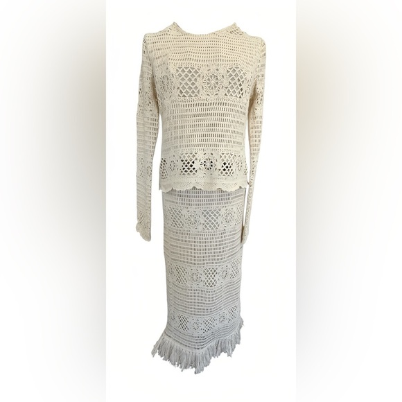 Bloomingdale’s AQUA 2 Piece Set Crochet Lace Top & Skirt Cream Outfit S/M - Picture 10 of 16